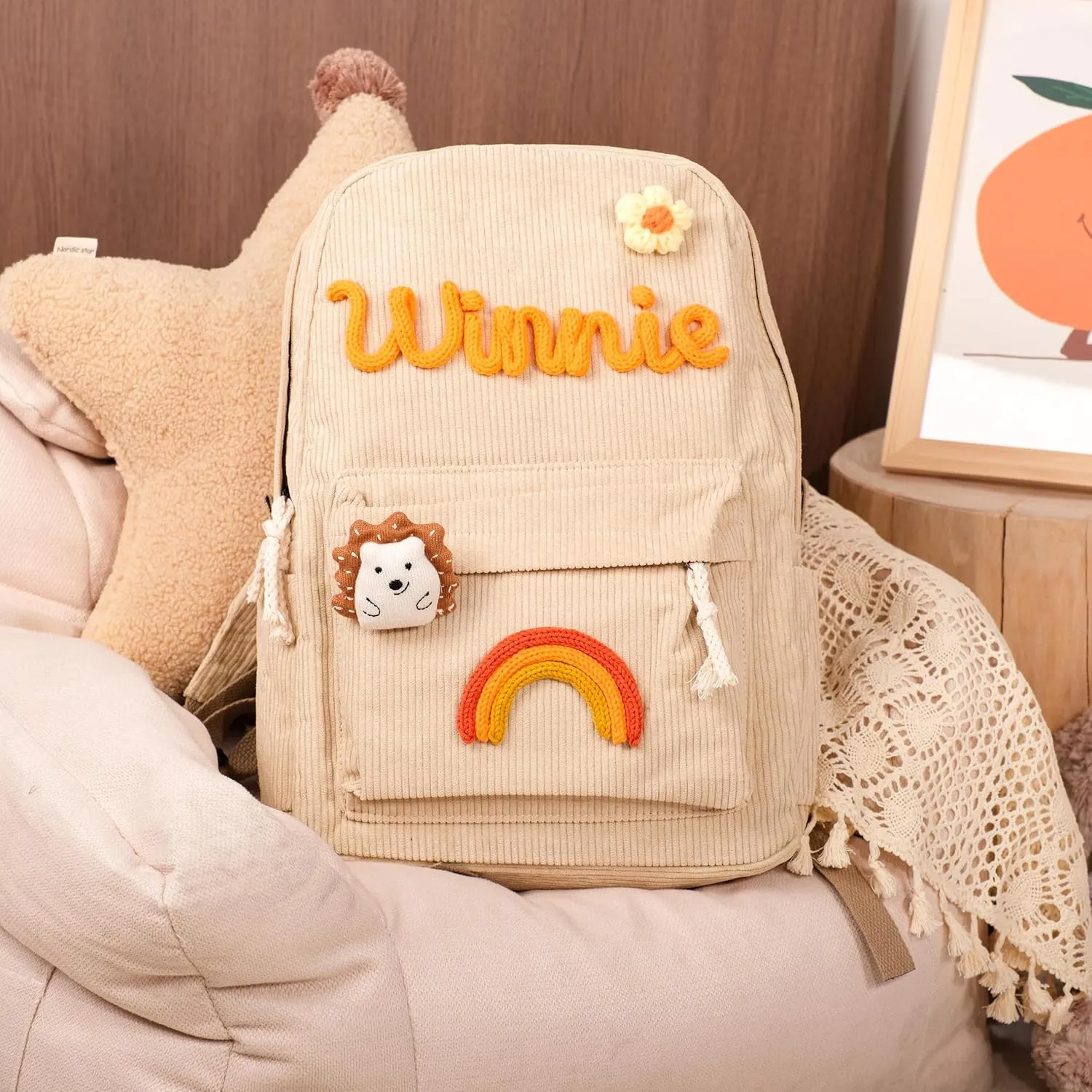 Personalized Corduroy Backpack, Custom Embroidered Name Aesthetic School Bag, Monogram Book Bag for Toddlers and Kids (Black)