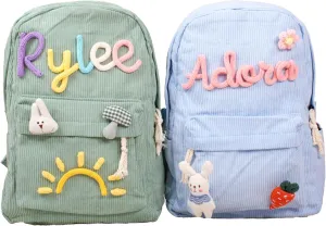 Personalized Corduroy Backpack, Custom Embroidered Name Aesthetic School Bag, Monogram Book Bag for Toddlers and Kids (Black)