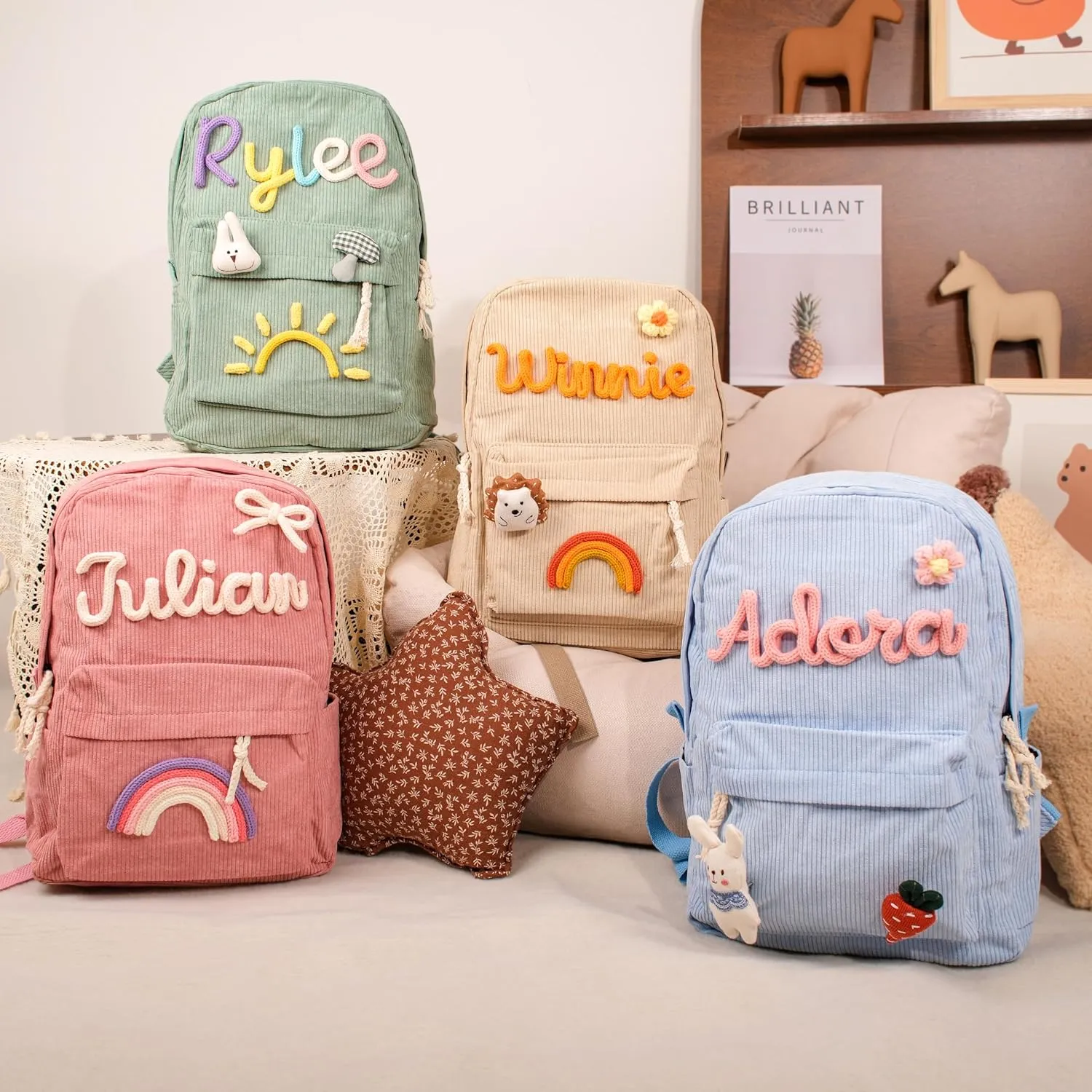 Personalized Corduroy Backpack, Custom Embroidered Name Aesthetic School Bag, Monogram Book Bag for Toddlers and Kids (Black)