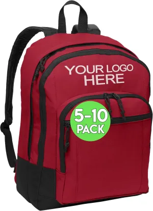 Personalized Customized Basic Classic Red College Backpacks, 5 or 10 Pack - Add Your Embroidered Logo