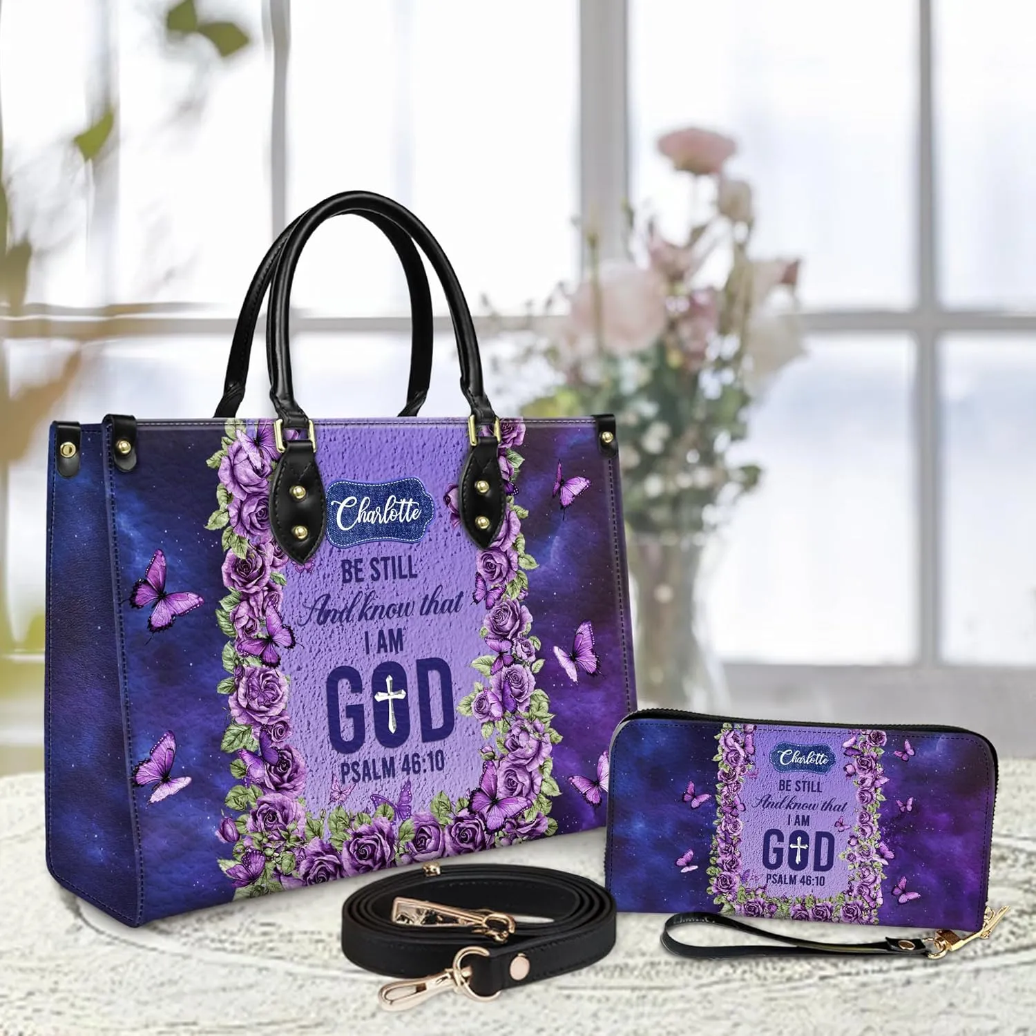 Personalized Leather Handbag for Women – Matching Purse and Wallet Set – Custom Name Church Bags, Mother's Day Gift