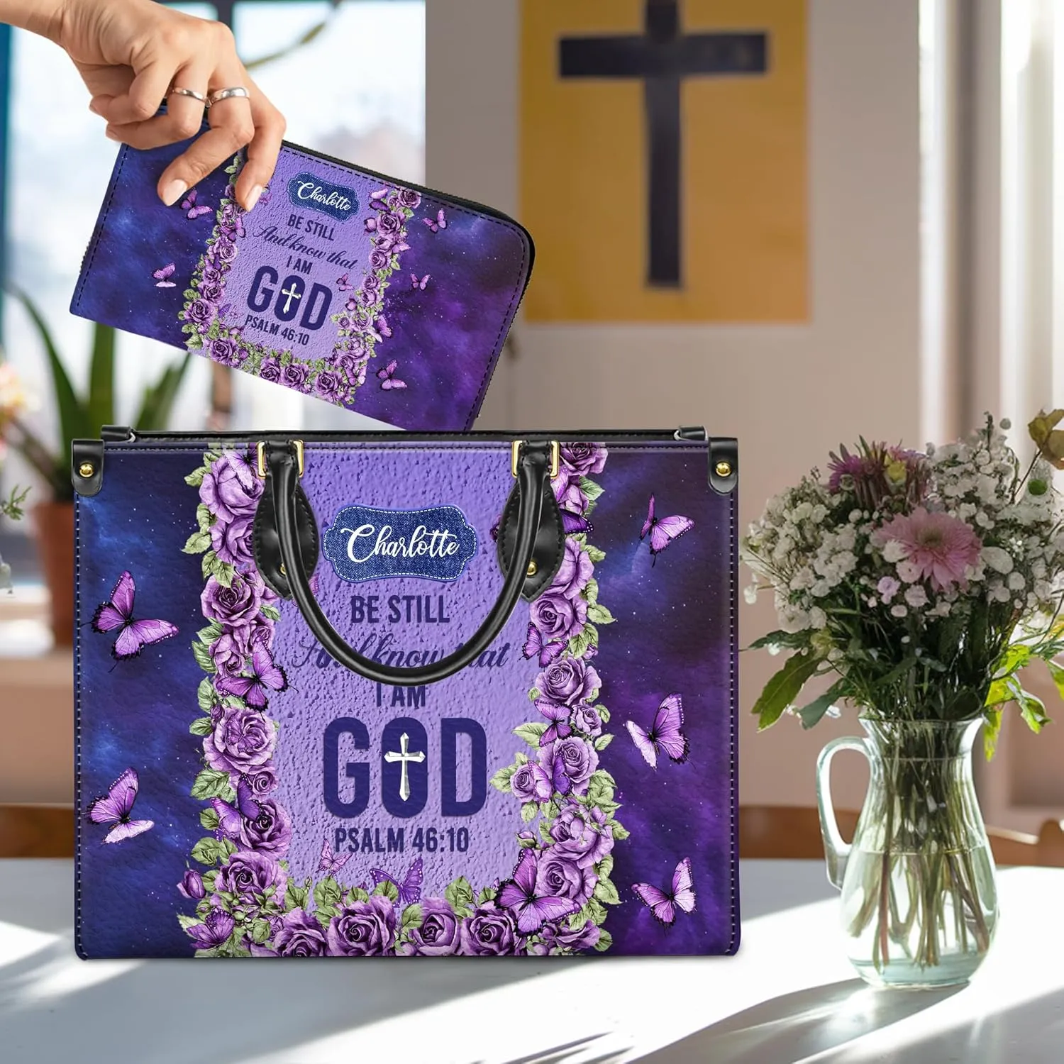 Personalized Leather Handbag for Women – Matching Purse and Wallet Set – Custom Name Church Bags, Mother's Day Gift