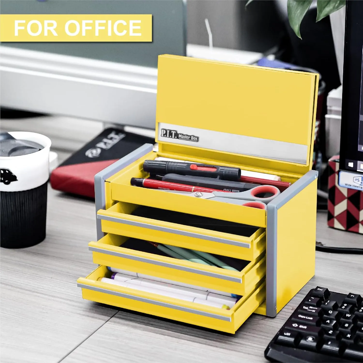 P.I.T. Mini Lemon Yellow Tool Box, Portable 3 Drawer Steel Tool Box with Magnetic Tab Locking, Lemon Yellow Micro Top Chest with Liner for Tools Storage, Home DIY