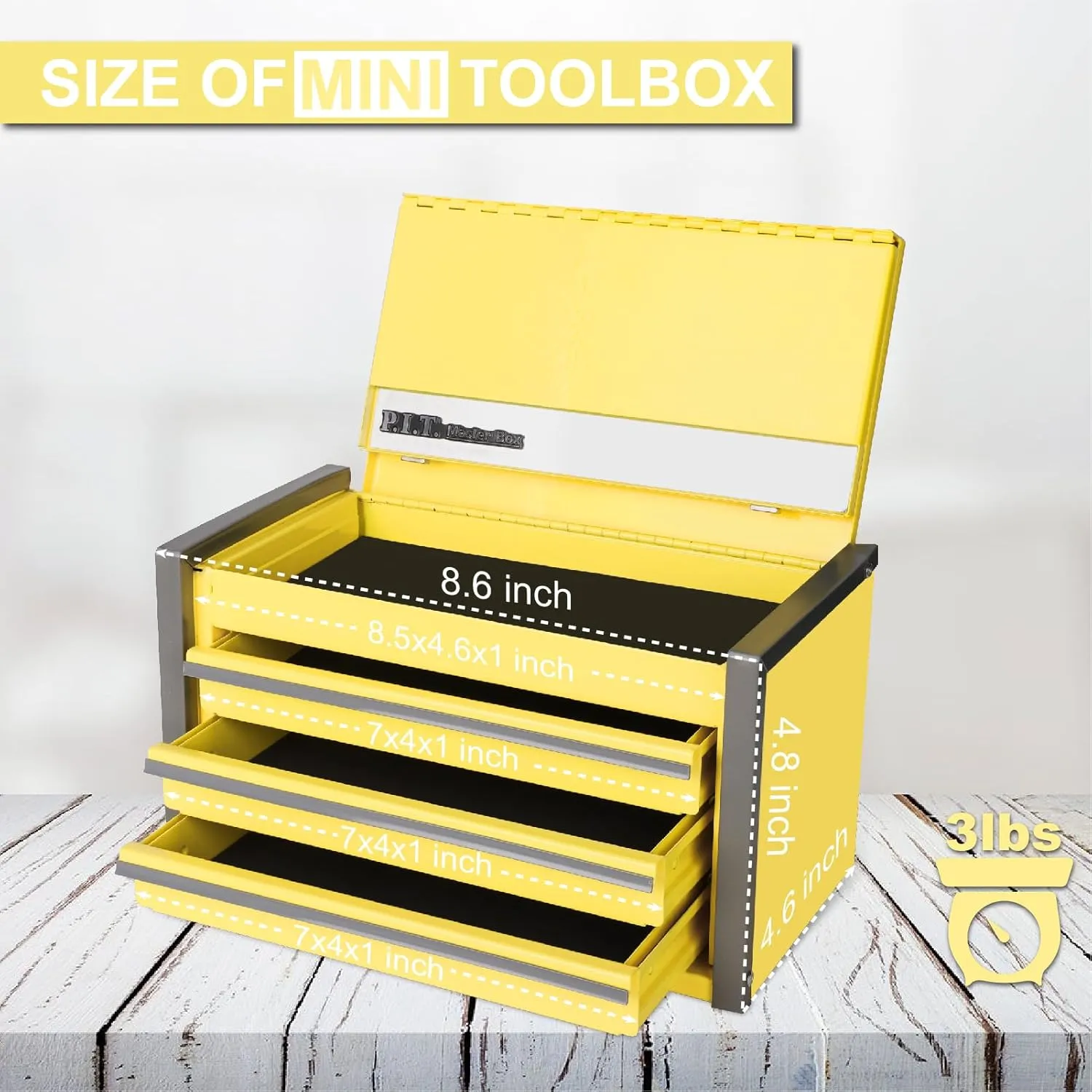 P.I.T. Mini Lemon Yellow Tool Box, Portable 3 Drawer Steel Tool Box with Magnetic Tab Locking, Lemon Yellow Micro Top Chest with Liner for Tools Storage, Home DIY
