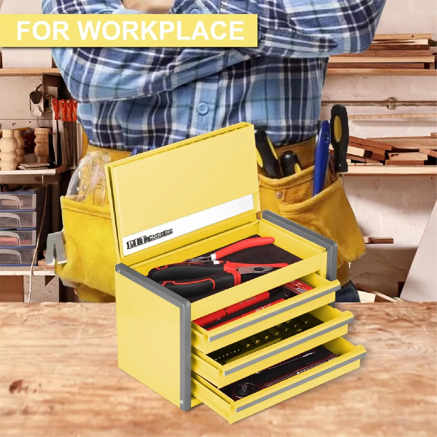 P.I.T. Mini Lemon Yellow Tool Box, Portable 3 Drawer Steel Tool Box with Magnetic Tab Locking, Lemon Yellow Micro Top Chest with Liner for Tools Storage, Home DIY
