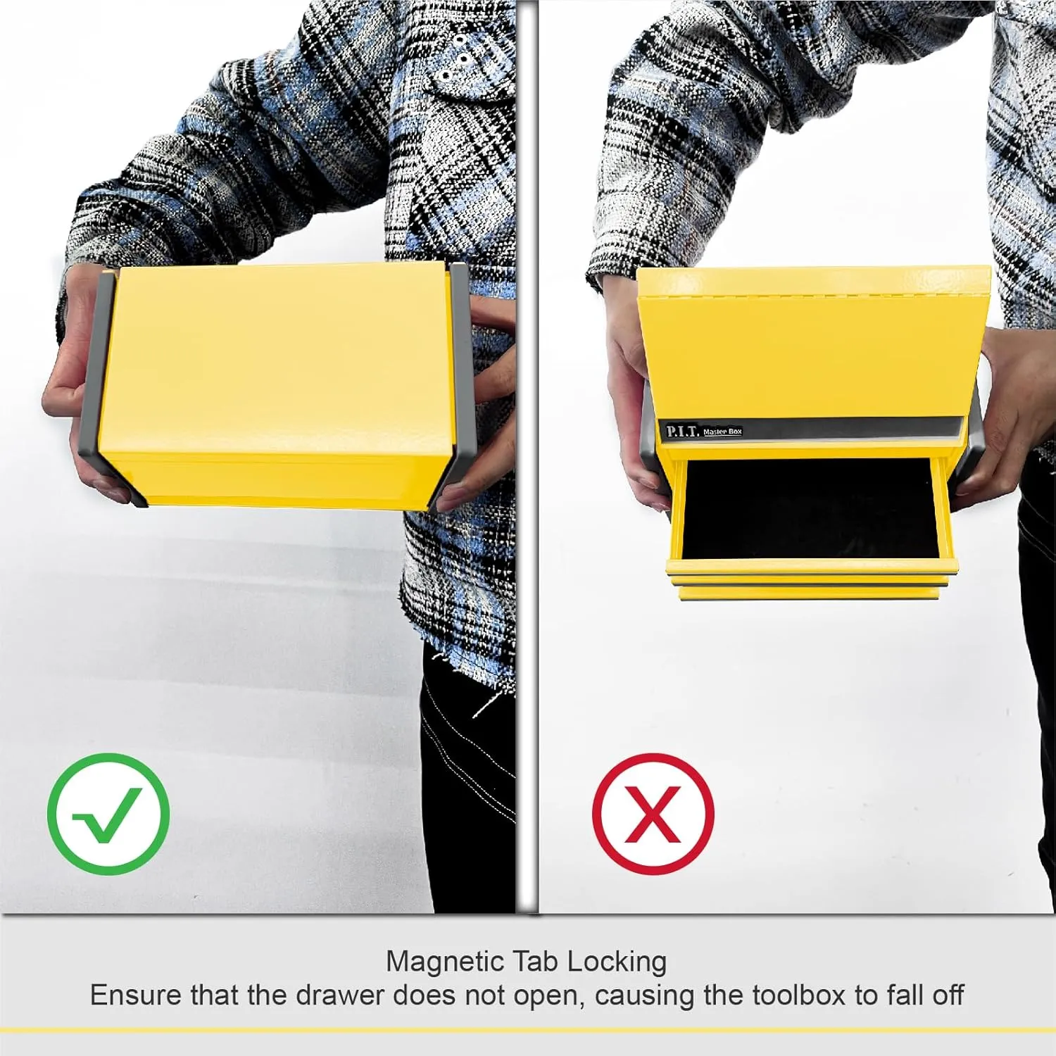 P.I.T. Mini Lemon Yellow Tool Box, Portable 3 Drawer Steel Tool Box with Magnetic Tab Locking, Lemon Yellow Micro Top Chest with Liner for Tools Storage, Home DIY