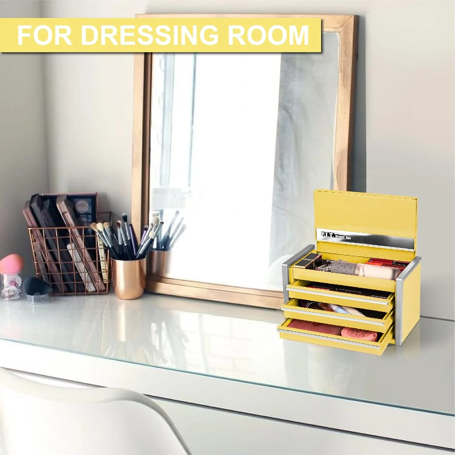 P.I.T. Mini Lemon Yellow Tool Box, Portable 3 Drawer Steel Tool Box with Magnetic Tab Locking, Lemon Yellow Micro Top Chest with Liner for Tools Storage, Home DIY