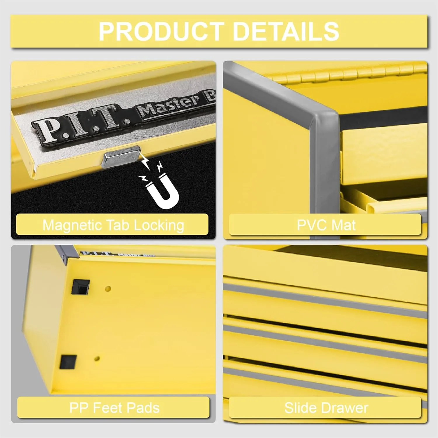 P.I.T. Mini Lemon Yellow Tool Box, Portable 3 Drawer Steel Tool Box with Magnetic Tab Locking, Lemon Yellow Micro Top Chest with Liner for Tools Storage, Home DIY