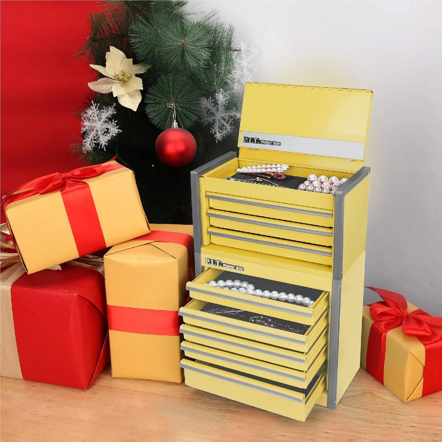 P.I.T. Mini Lemon Yellow Tool Box, Portable 3 Drawer Steel Tool Box with Magnetic Tab Locking, Lemon Yellow Micro Top Chest with Liner for Tools Storage, Home DIY