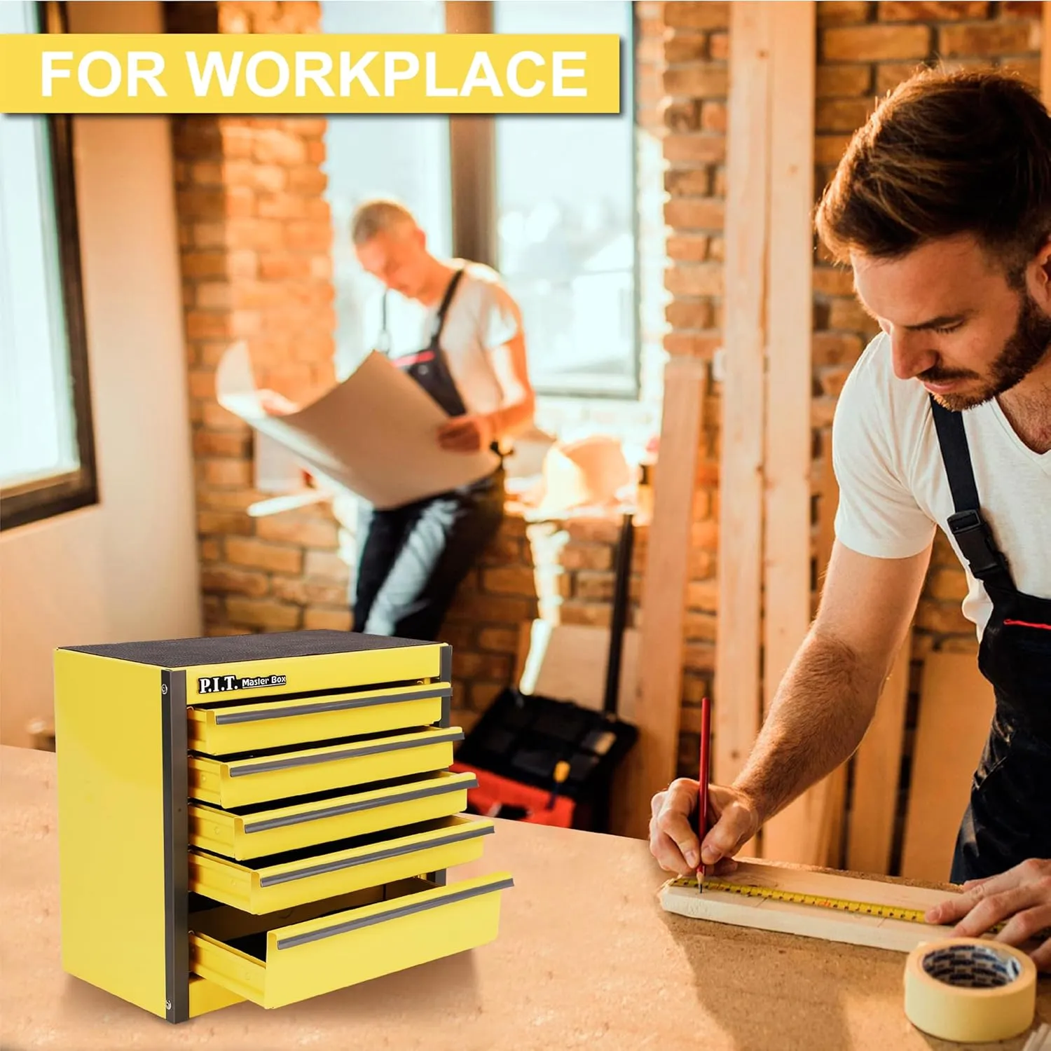 P.I.T. Mini Lemon Yellow Tool Box, Portable 5-Drawer Micro Roll Cab Steel Tool Box with Liner, Lemon Yellow Small Tool Case for Tools Storage, Home DIY