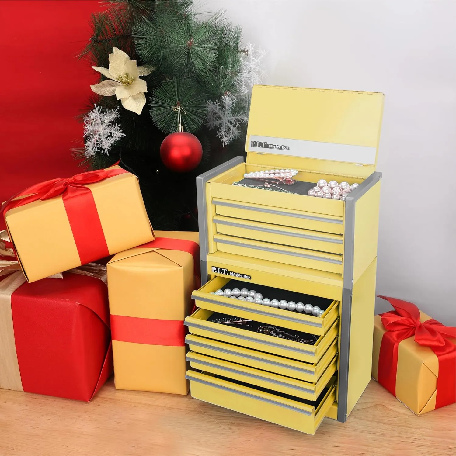 P.I.T. Mini Lemon Yellow Tool Box, Portable 5-Drawer Micro Roll Cab Steel Tool Box with Liner, Lemon Yellow Small Tool Case for Tools Storage, Home DIY