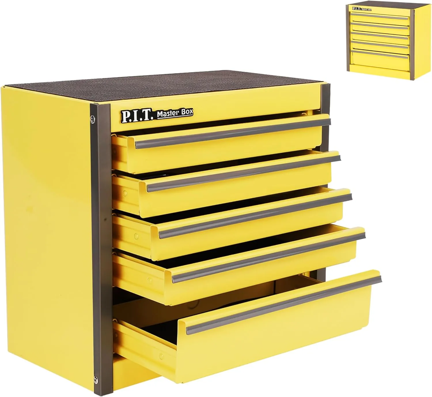 P.I.T. Mini Lemon Yellow Tool Box, Portable 5-Drawer Micro Roll Cab Steel Tool Box with Liner, Lemon Yellow Small Tool Case for Tools Storage, Home DIY
