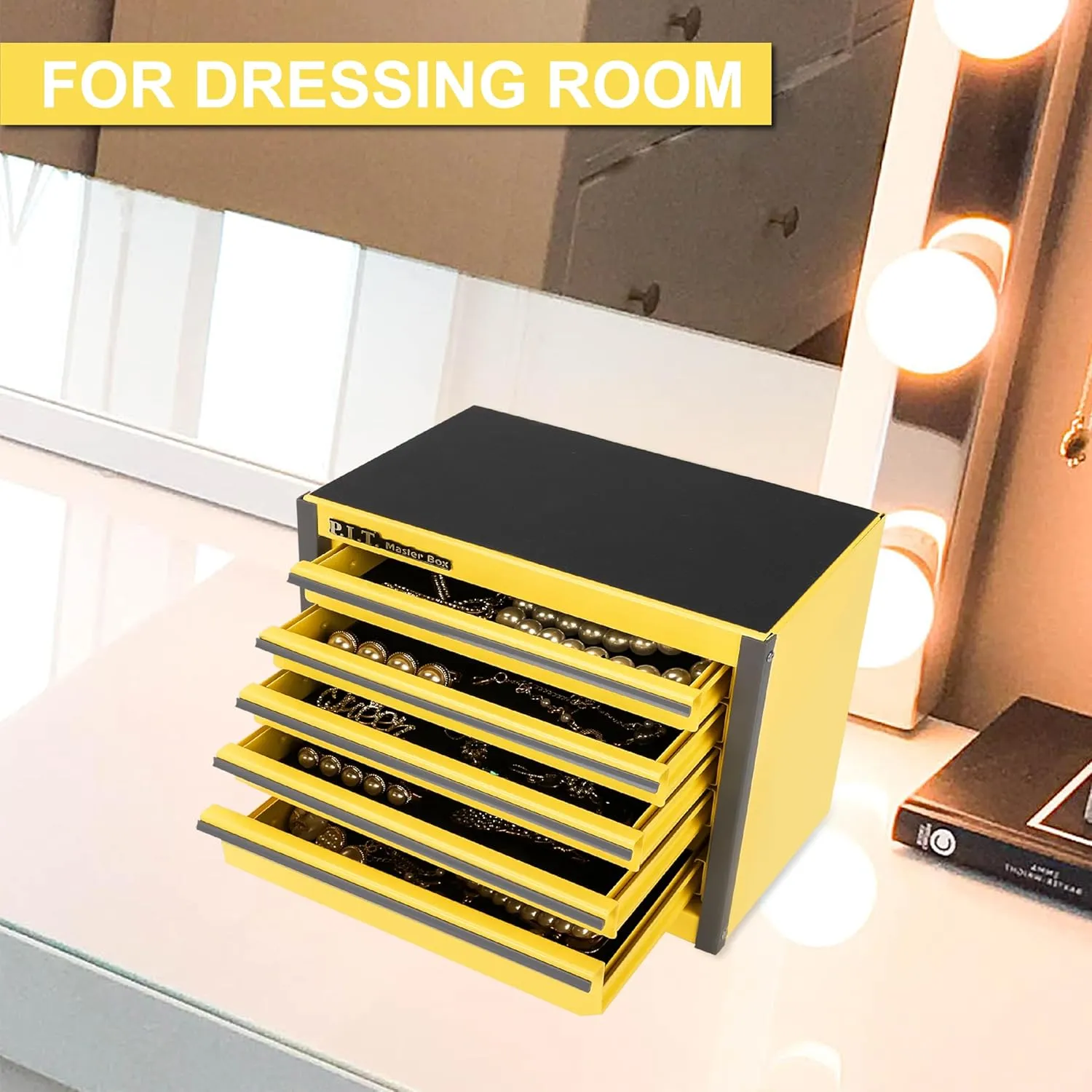 P.I.T. Mini Lemon Yellow Tool Box, Portable 5-Drawer Micro Roll Cab Steel Tool Box with Liner, Lemon Yellow Small Tool Case for Tools Storage, Home DIY