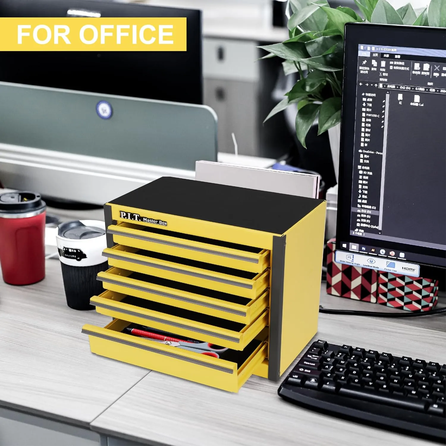 P.I.T. Mini Lemon Yellow Tool Box, Portable 5-Drawer Micro Roll Cab Steel Tool Box with Liner, Lemon Yellow Small Tool Case for Tools Storage, Home DIY