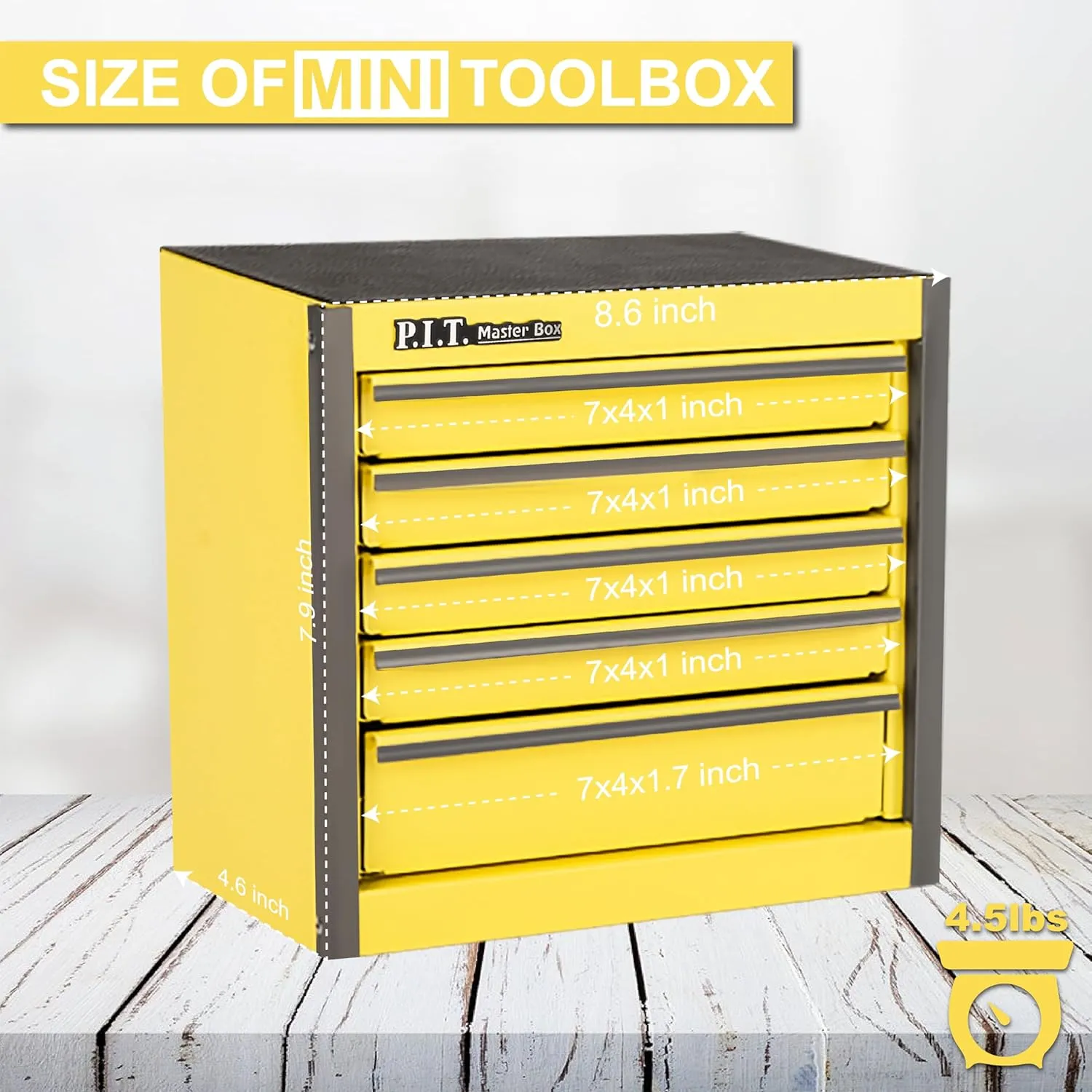 P.I.T. Mini Lemon Yellow Tool Box, Portable 5-Drawer Micro Roll Cab Steel Tool Box with Liner, Lemon Yellow Small Tool Case for Tools Storage, Home DIY