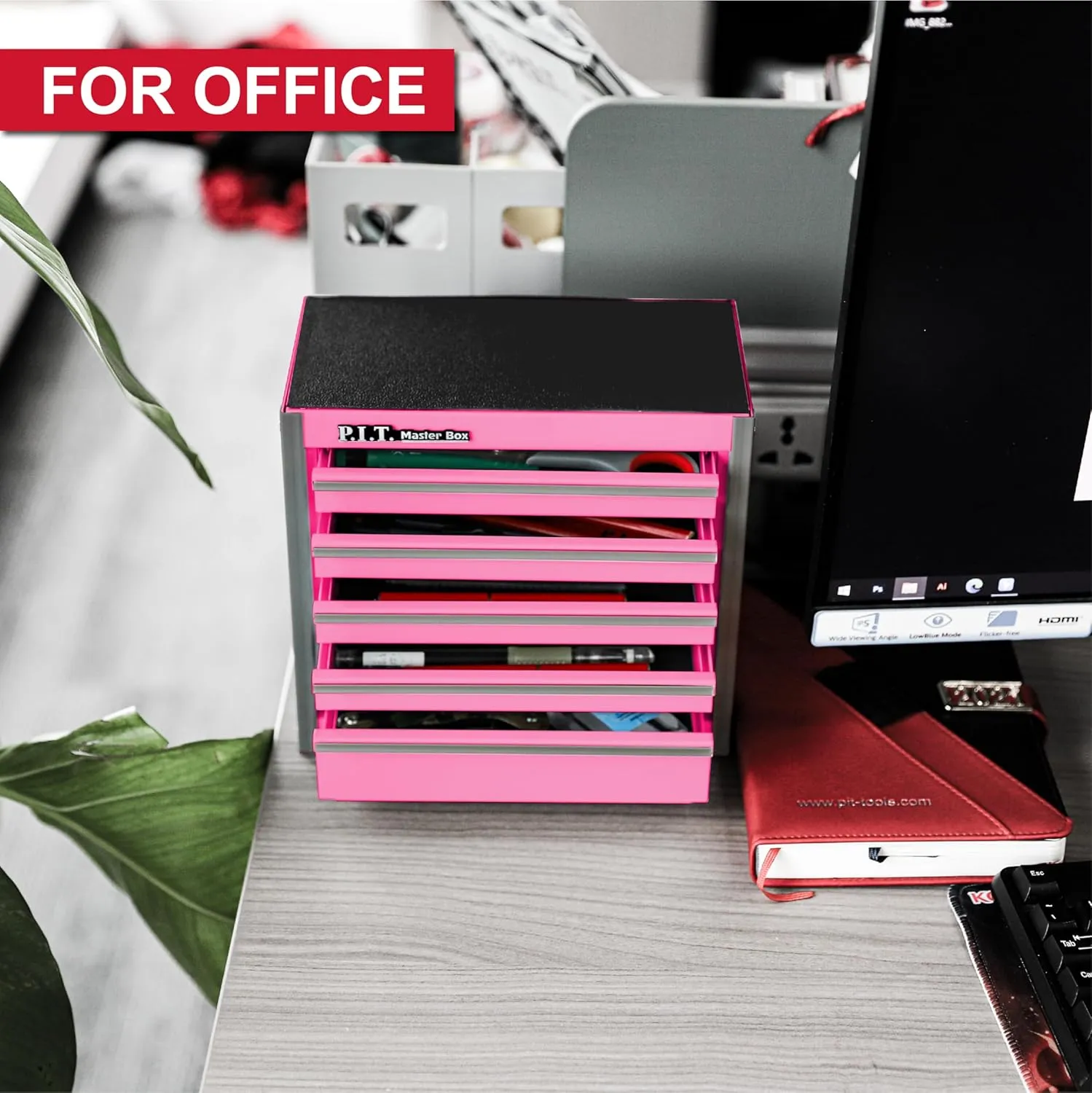 P.I.T. Mini Pink Tool Box, Portable 5-Drawer Micro Roll Cab Steel Tool Box with Liner, Pink Small Tool Case for Tools Storage, Home DIY