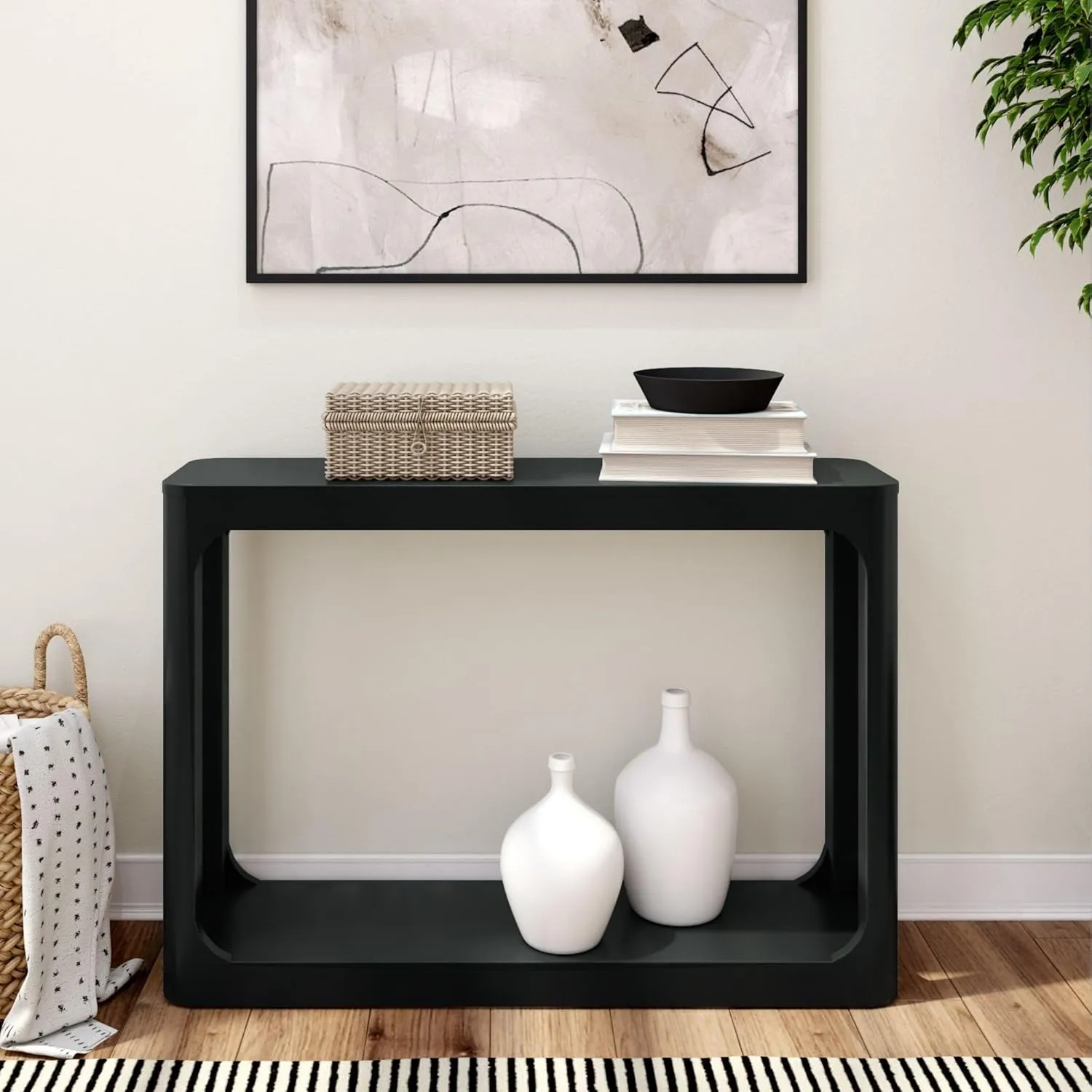 Plank Beam Forma Console Table, 46 Inch, Solid Wood Sofa Table, Entryway Table for Hallway, Narrow Behind The Couch Table, Console Tables for Entryway, Living Room, Foyer, Easy Assembly, Black
