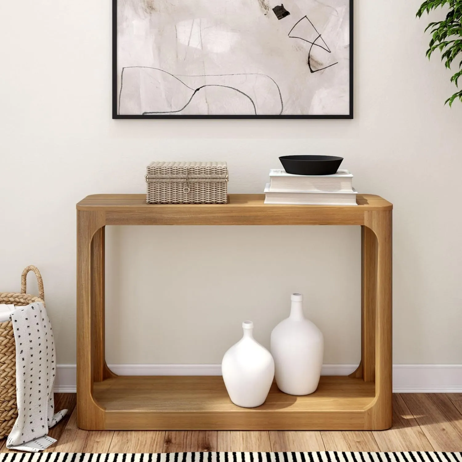 Plank Beam Forma Console Table, 46 Inch, Solid Wood Sofa Table, Entryway Table for Hallway, Narrow Behind The Couch Table, Console Tables for Entryway, Living Room, Foyer, Easy Assembly, Pecan