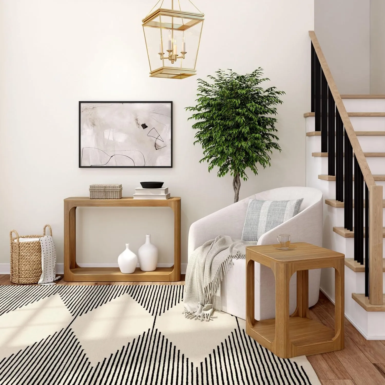 Plank Beam Forma Console Table, 46 Inch, Solid Wood Sofa Table, Entryway Table for Hallway, Narrow Behind The Couch Table, Console Tables for Entryway, Living Room, Foyer, Easy Assembly, Pecan