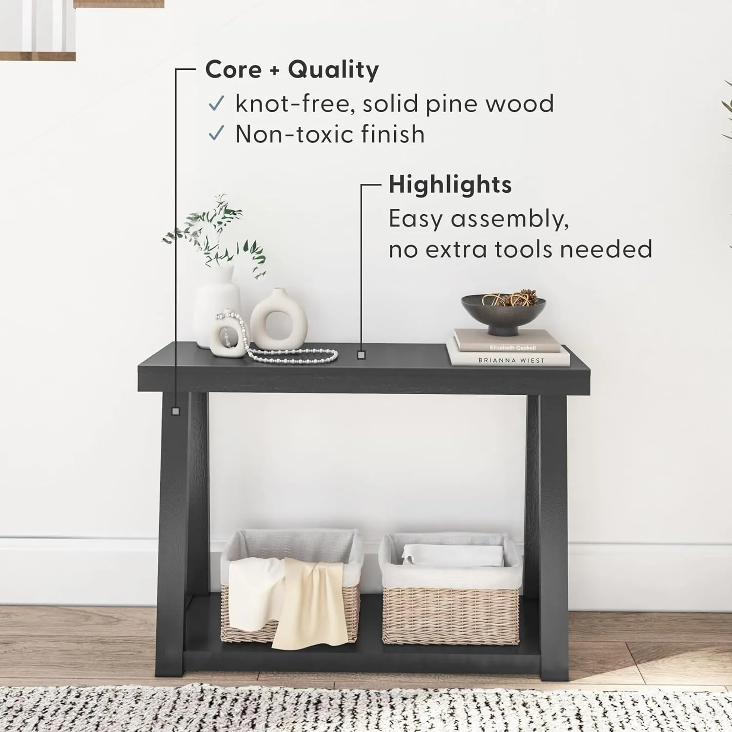 Plank Beam Solid Wood Console Table with Storage, 46.25 Inch, Sofa Table with Shelf, Narrow Entryway Table for Hallway, Behind The Couch, Living Room, Foyer, Easy Assembly, Black