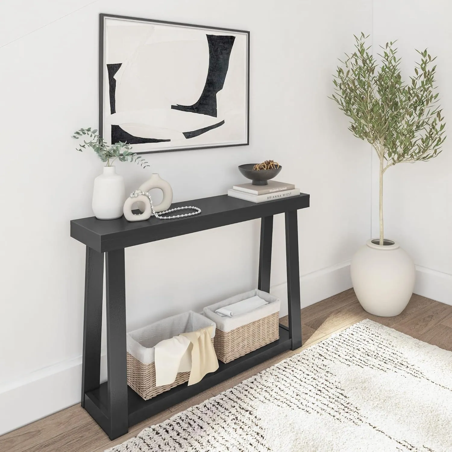 Plank Beam Solid Wood Console Table with Storage, 46.25 Inch, Sofa Table with Shelf, Narrow Entryway Table for Hallway, Behind The Couch, Living Room, Foyer, Easy Assembly, Black