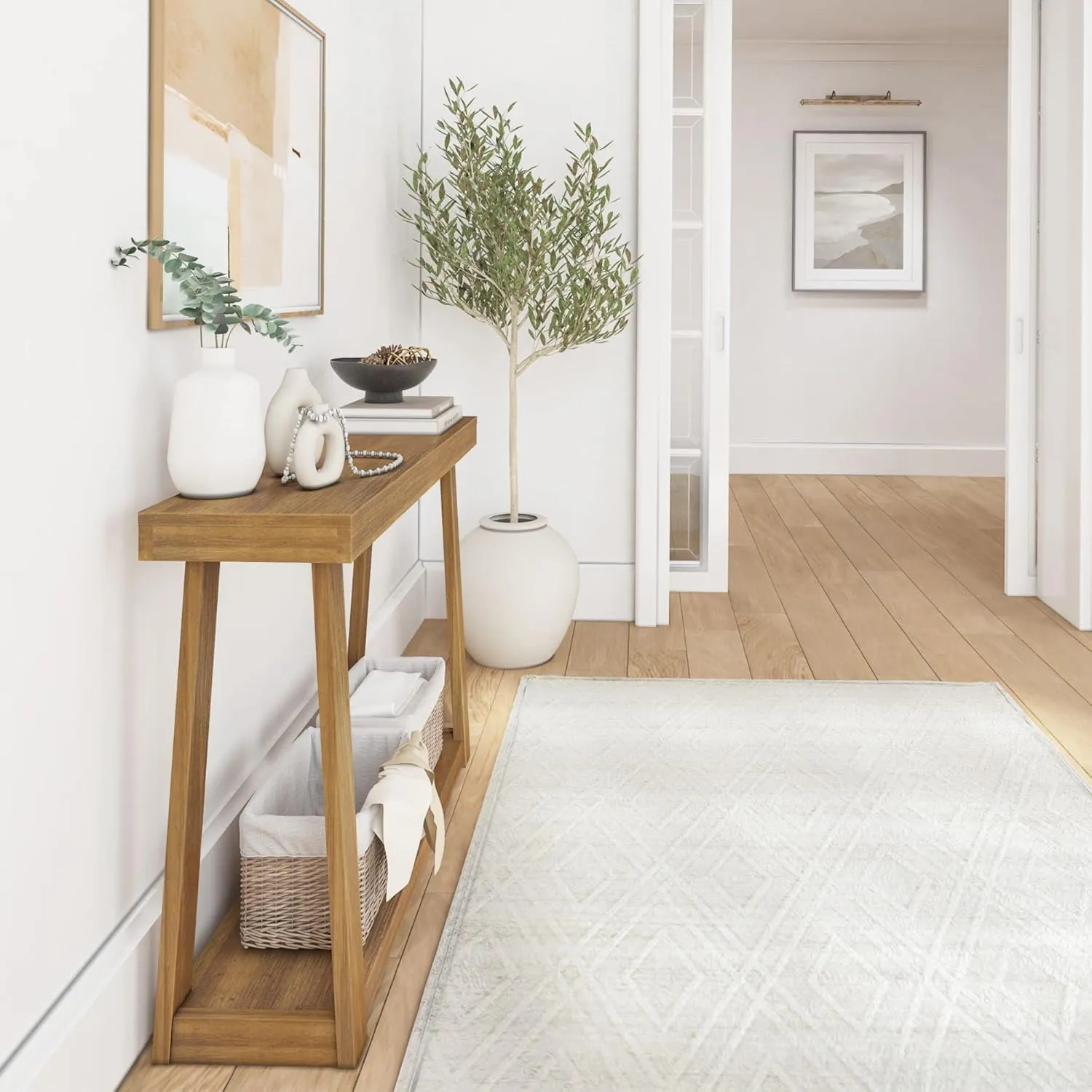 Plank Beam Solid Wood Console Table with Storage, 46.25 Inch, Sofa Table with Shelf, Narrow Entryway Table for Hallway, Behind The Couch, Living Room, Foyer, Easy Assembly, Pecan
