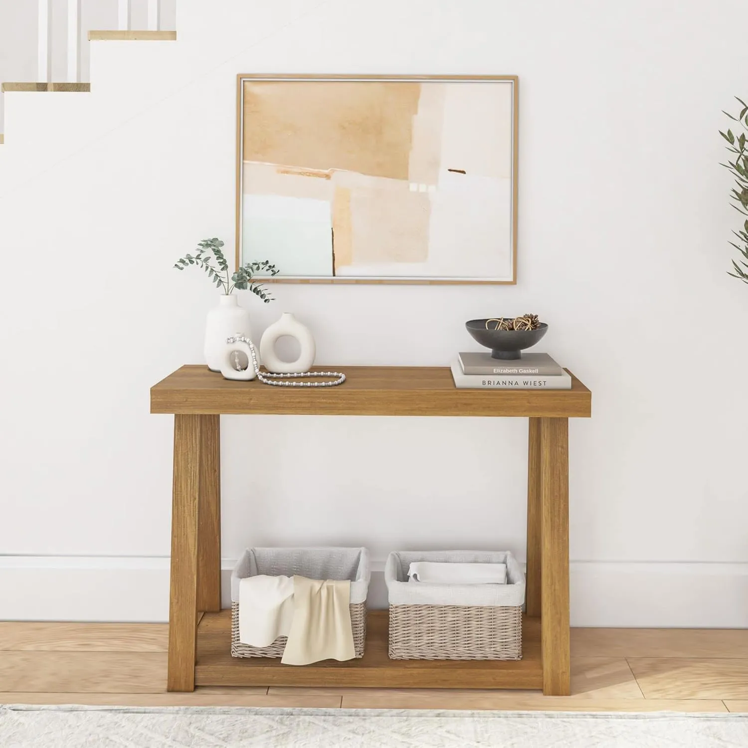 Plank Beam Solid Wood Console Table with Storage, 46.25 Inch, Sofa Table with Shelf, Narrow Entryway Table for Hallway, Behind The Couch, Living Room, Foyer, Easy Assembly, Pecan