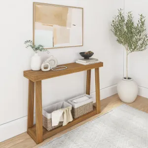 Plank Beam Solid Wood Console Table with Storage, 46.25 Inch, Sofa Table with Shelf, Narrow Entryway Table for Hallway, Behind The Couch, Living Room, Foyer, Easy Assembly, Pecan