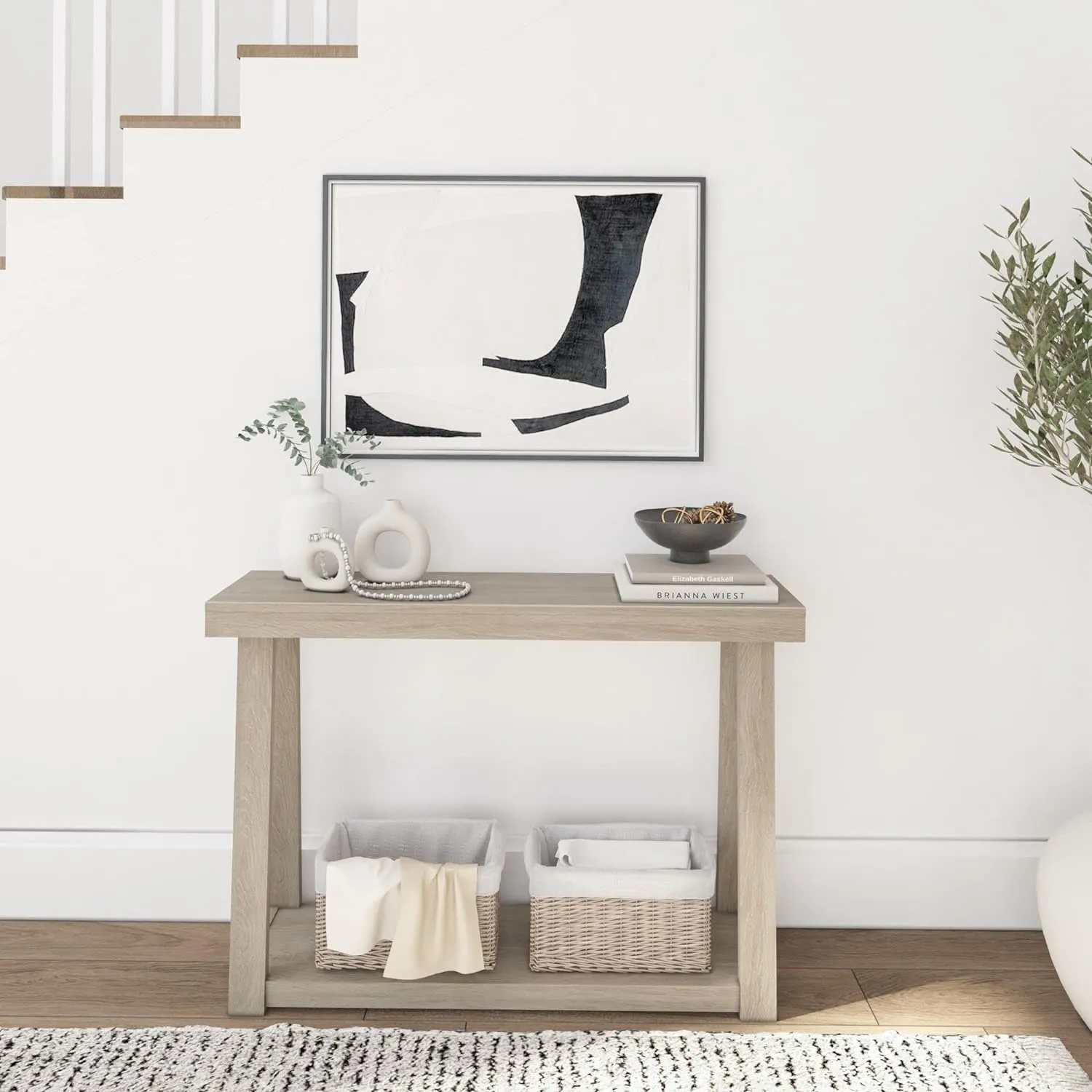 Plank Beam Solid Wood Console Table with Storage, 46.25 Inch, Sofa Table with Shelf, Narrow Entryway Table for Hallway, Behind The Couch, Living Room, Foyer, Easy Assembly, Seashell