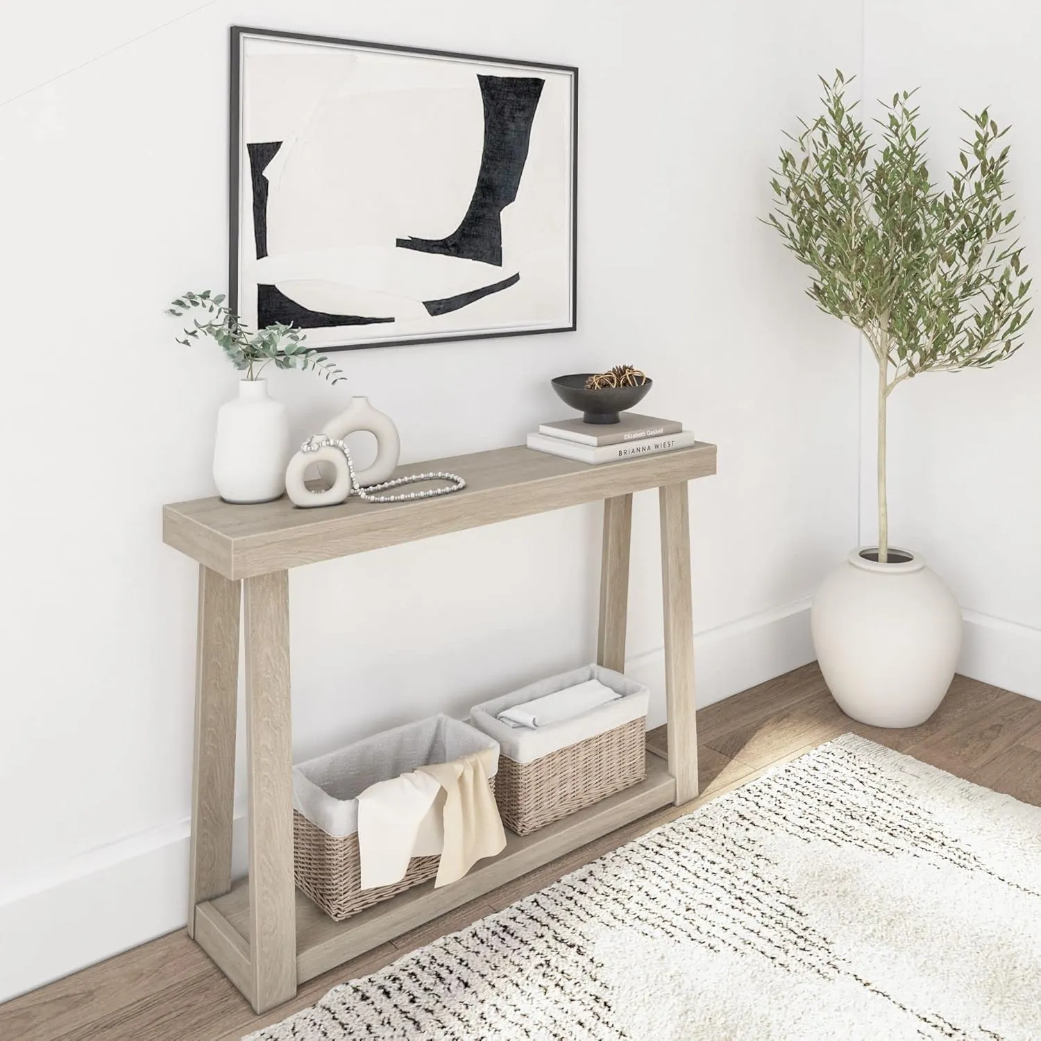 Plank Beam Solid Wood Console Table with Storage, 46.25 Inch, Sofa Table with Shelf, Narrow Entryway Table for Hallway, Behind The Couch, Living Room, Foyer, Easy Assembly, Seashell
