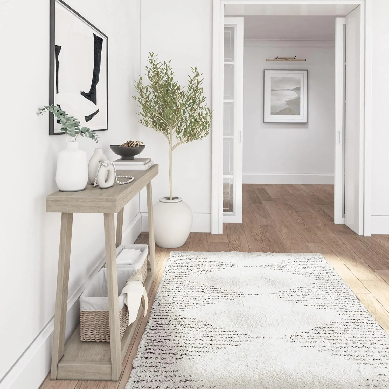 Plank Beam Solid Wood Console Table with Storage, 46.25 Inch, Sofa Table with Shelf, Narrow Entryway Table for Hallway, Behind The Couch, Living Room, Foyer, Easy Assembly, Seashell