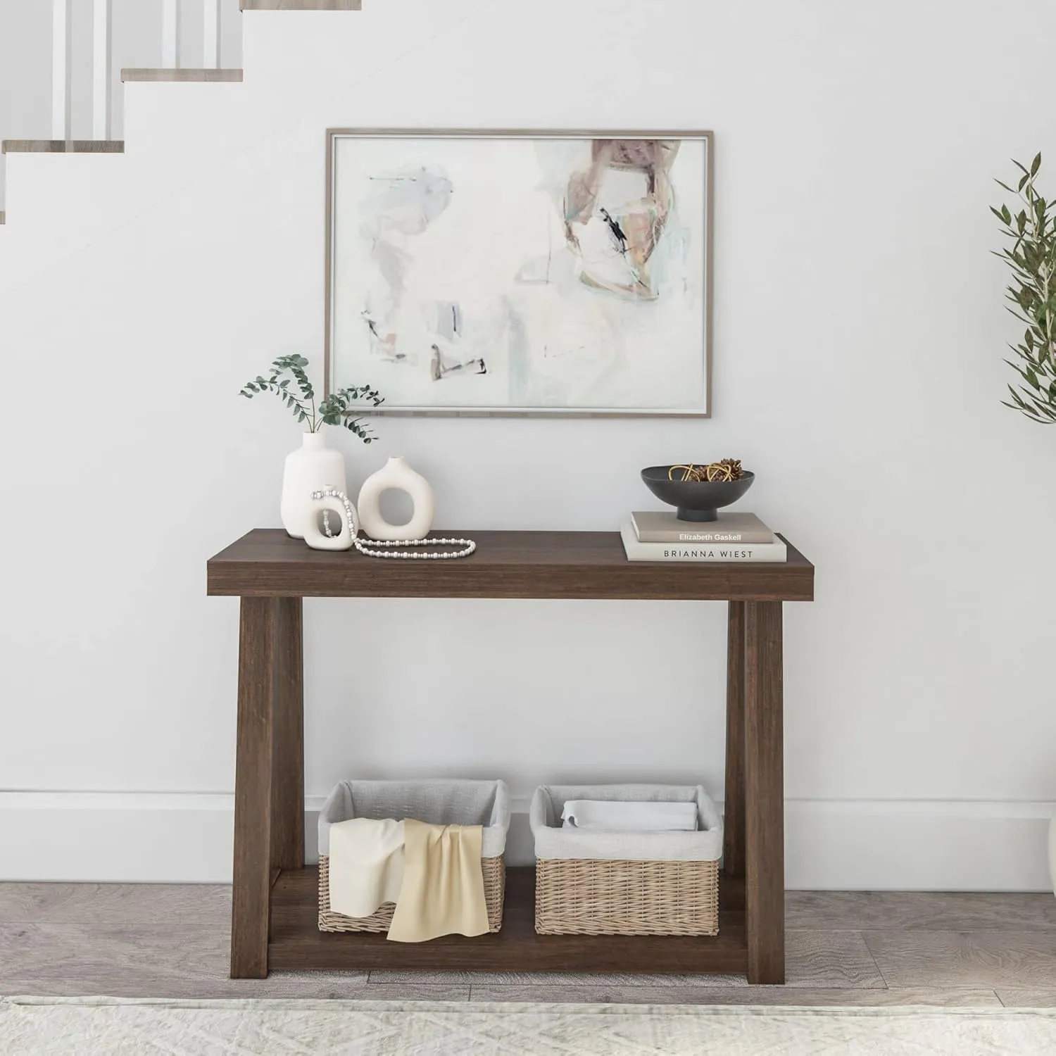 Plank Beam Solid Wood Console Table with Storage, 46.25 Inch, Sofa Table with Shelf, Narrow Entryway Table for Hallway, Behind The Couch, Living Room, Foyer, Easy Assembly, Walnut