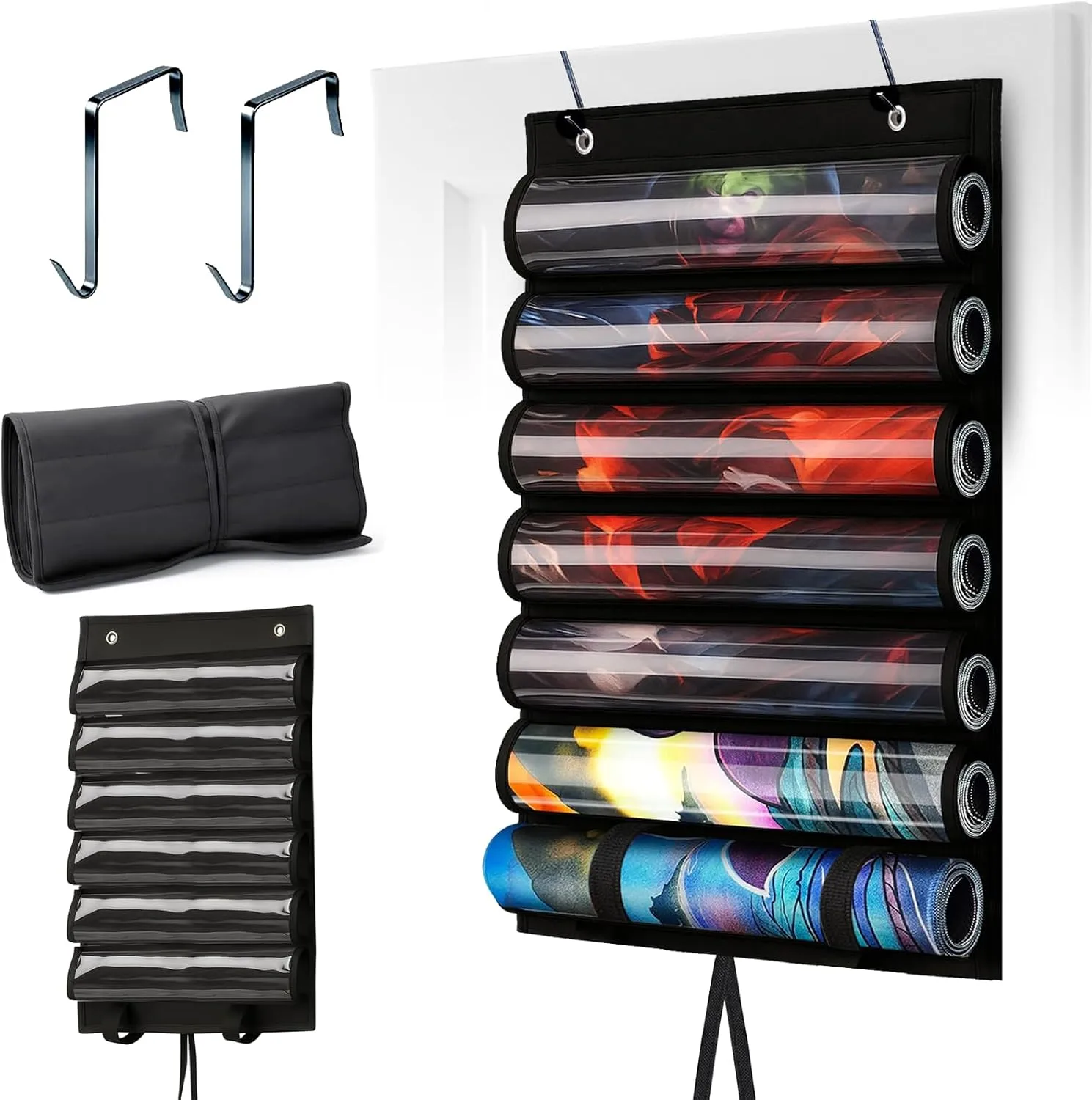 Playmat Tube for MTG - Portable Hangable Door Organizer with 2 Hooks, Fits for 12 1 Card Game Storage with Clear Slots for TCG/RPG Mats (12 Tubes,Black)