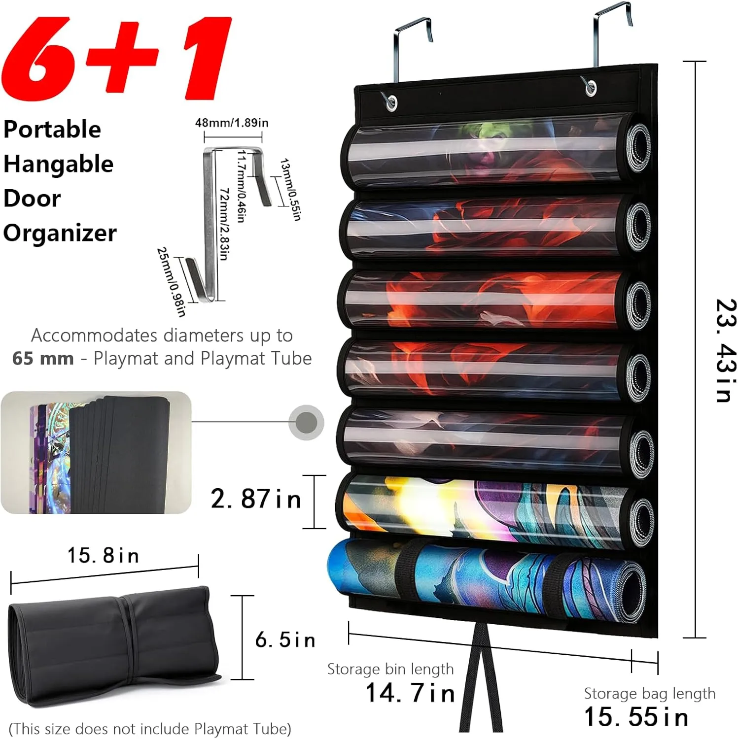 Playmat Tube for MTG - Portable Hangable Door Organizer with 2 Hooks, Fits for 12 1 Card Game Storage with Clear Slots for TCG/RPG Mats (12 Tubes,Black)