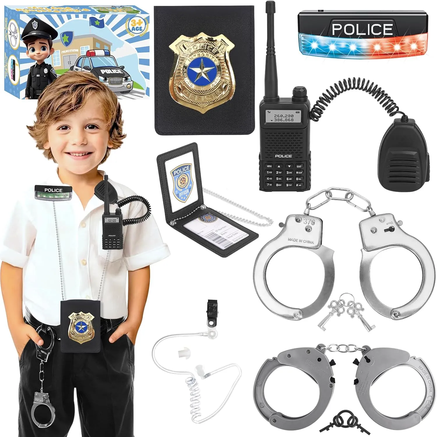 Police Toys, Police Pretend Play Toys for Dress Up, Role Play Set with Police Accessories, Handcuffs, Warning Light, Police Badge, Birthday Halloween for Kids Boys Girls