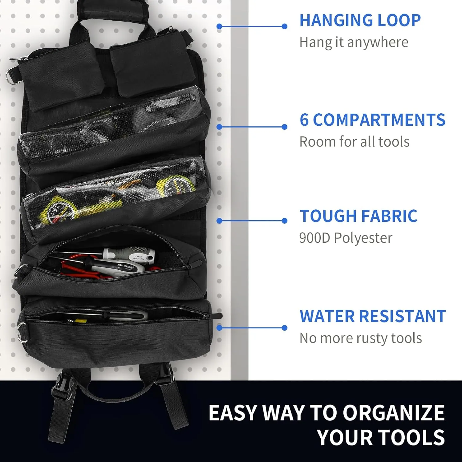 Portable Tool Roll Bag with Detachable Pockets - Heavy Duty Carrier for Electrician, Mechanic - Black