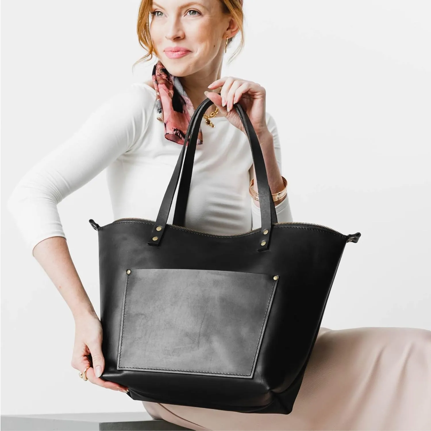 Portland Leather Goods Medium Zipper Tote Bag – Handmade, Durable & Unlined – Interior & Exterior Pockets