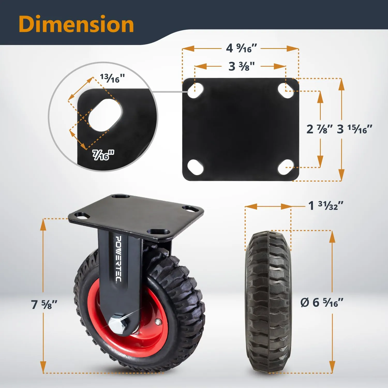 POWERTEC 6 Inch Caster Wheels Set of 4 (2 Swivel & 2 Fixed), Heavy Duty Casters w/Rubber Knobby Tread for Workbench, Dolly, Cart, Trolley, Wagon and Chicken Coop, Large Rubber Castor Wheels (17054V)