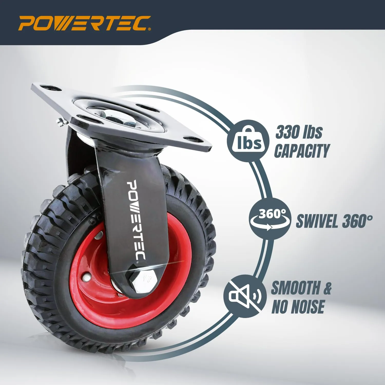 POWERTEC 6 Inch Caster Wheels Set of 4 (2 Swivel & 2 Fixed), Heavy Duty Casters w/Rubber Knobby Tread for Workbench, Dolly, Cart, Trolley, Wagon and Chicken Coop, Large Rubber Castor Wheels (17054V)