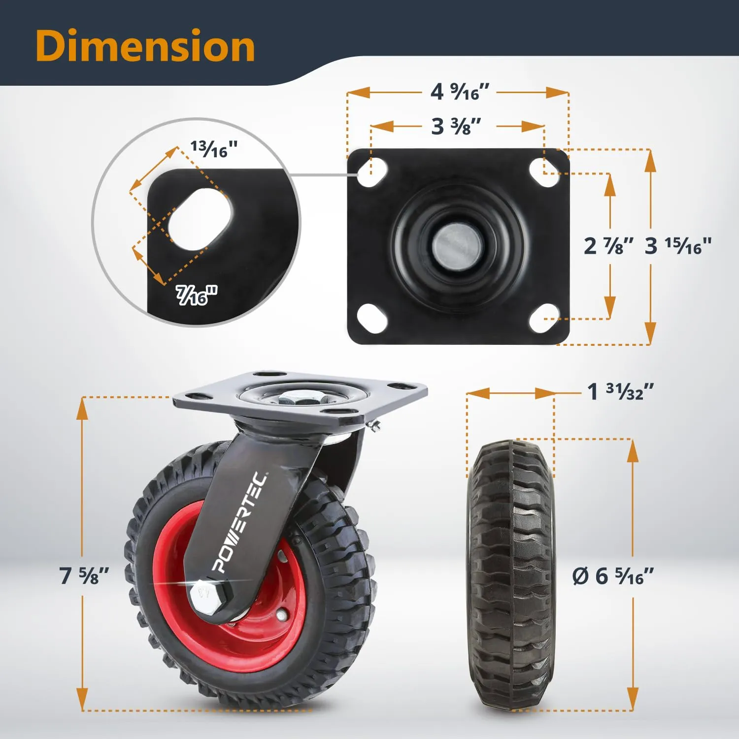 POWERTEC 6 Inch Caster Wheels Set of 4 (2 Swivel & 2 Fixed), Heavy Duty Casters w/Rubber Knobby Tread for Workbench, Dolly, Cart, Trolley, Wagon and Chicken Coop, Large Rubber Castor Wheels (17054V)