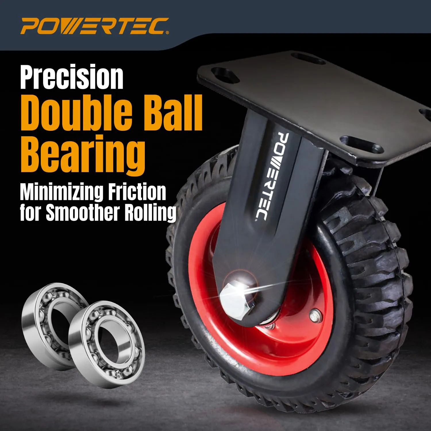 POWERTEC 6 Inch Caster Wheels Set of 4 (2 Swivel & 2 Fixed), Heavy Duty Casters w/Rubber Knobby Tread for Workbench, Dolly, Cart, Trolley, Wagon and Chicken Coop, Large Rubber Castor Wheels (17054V)