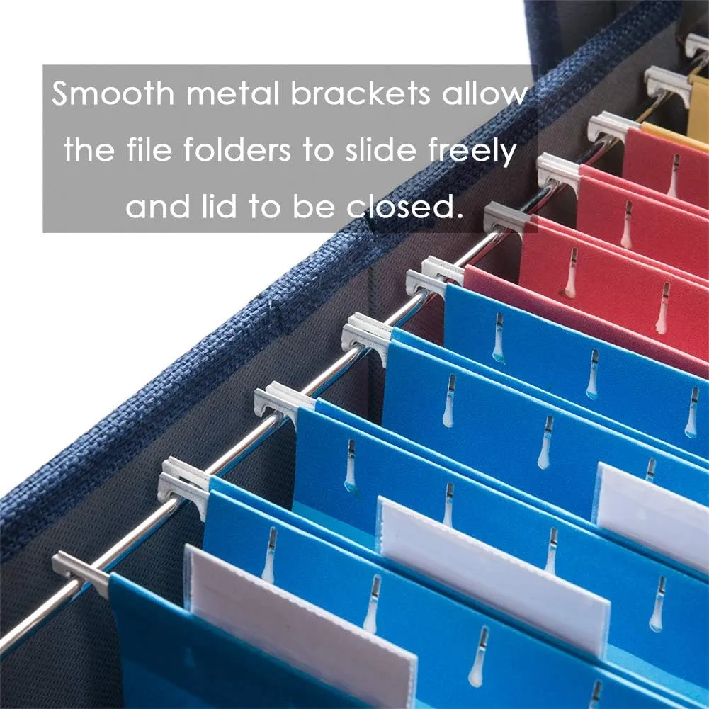 PRANDOM File Organizer Box - Set of 2 Collapsible Decorative Linen Filing Storage Hanging File Folders with Lids Office Cabinet Letter Size Navy Blue (14x9.3x10.8 inch)