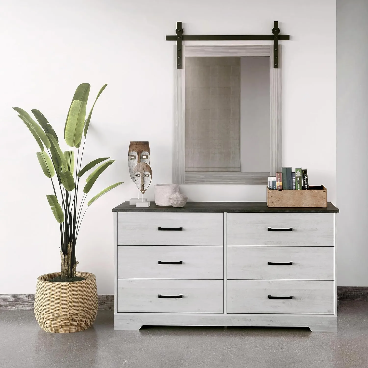 Prepac Rustic Ridge Farmhouse 6-Drawer Double Dresser, Washed White Dresser for Bedroom, Chest of Drawers with 6 Storage Drawers, 53.25” wide x 18.25” deep x 28.5” tall, Washed White