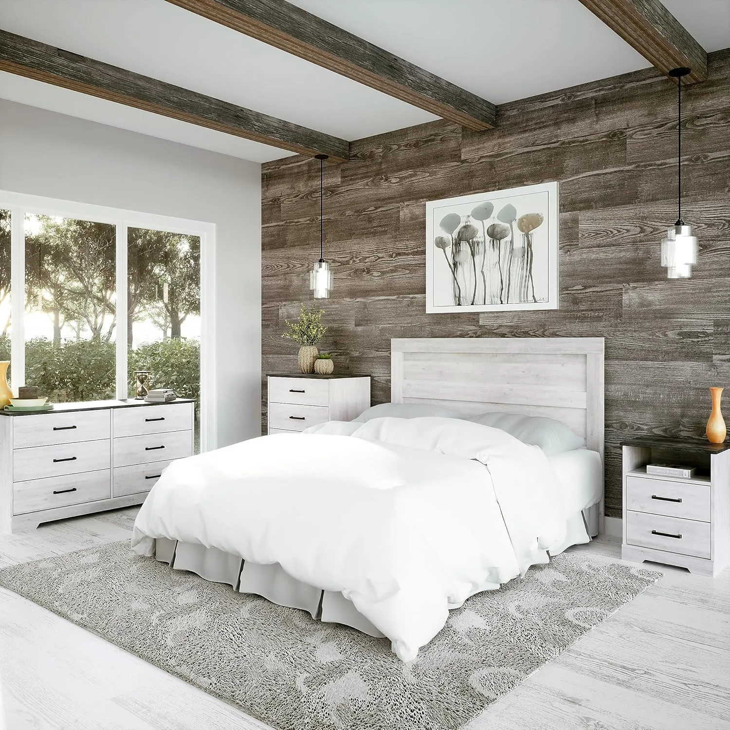 Prepac Rustic Ridge Farmhouse 6-Drawer Double Dresser, Washed White Dresser for Bedroom, Chest of Drawers with 6 Storage Drawers, 53.25” wide x 18.25” deep x 28.5” tall, Washed White