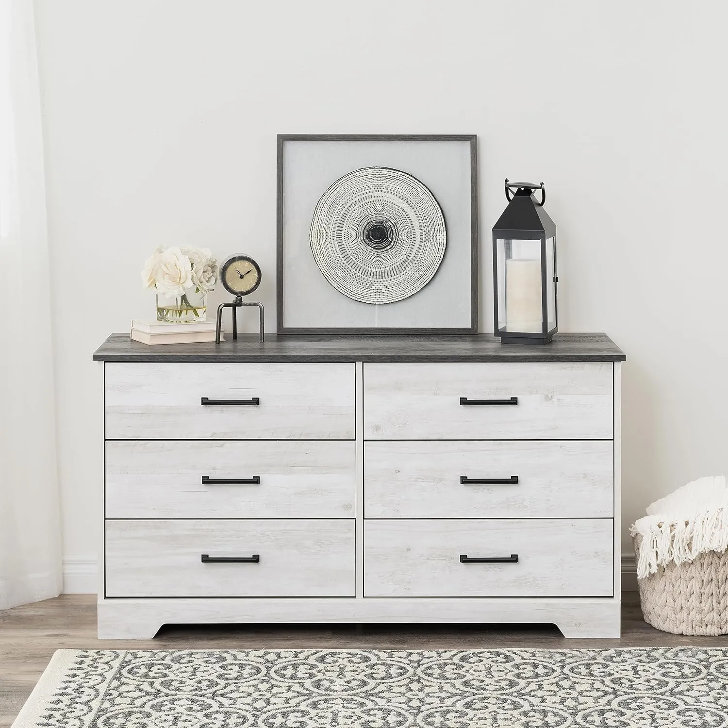 Prepac Rustic Ridge Farmhouse 6-Drawer Double Dresser, Washed White Dresser for Bedroom, Chest of Drawers with 6 Storage Drawers, 53.25” wide x 18.25” deep x 28.5” tall, Washed White