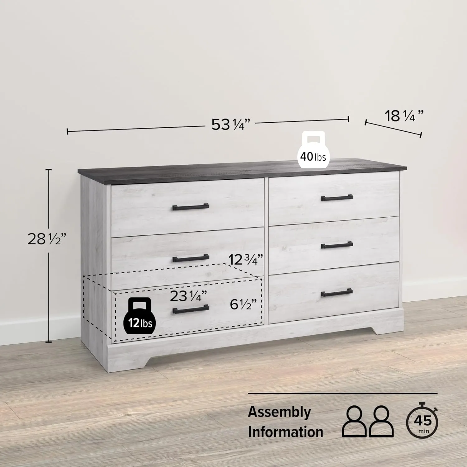 Prepac Rustic Ridge Farmhouse 6-Drawer Double Dresser, Washed White Dresser for Bedroom, Chest of Drawers with 6 Storage Drawers, 53.25” wide x 18.25” deep x 28.5” tall, Washed White