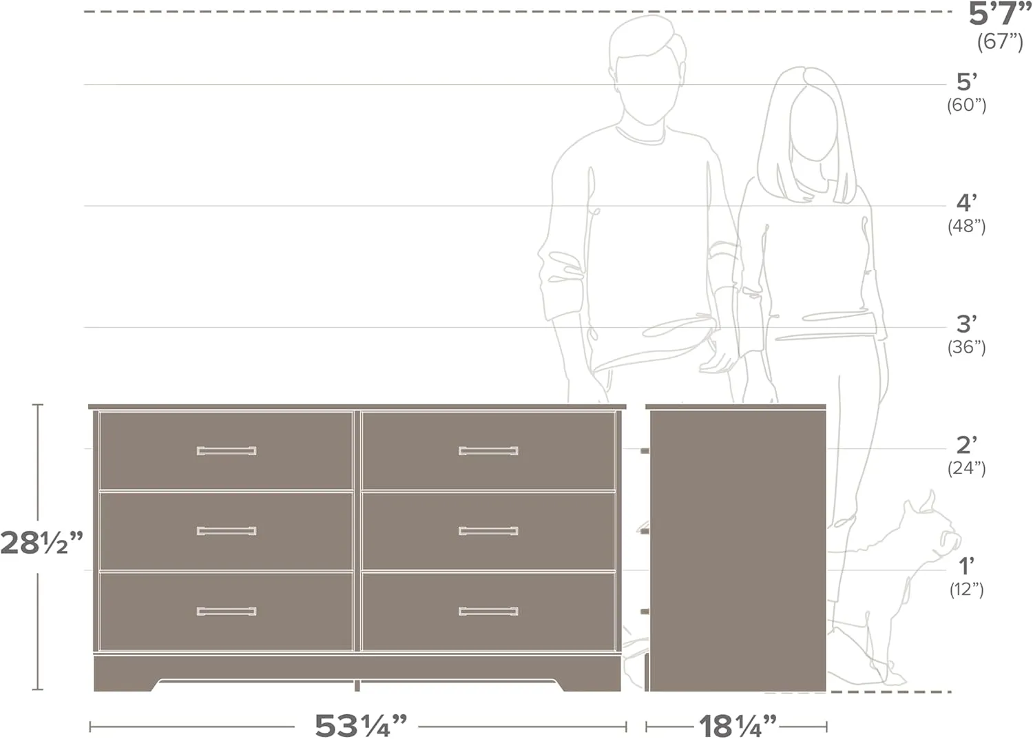 Prepac Rustic Ridge Farmhouse 6-Drawer Double Dresser, Washed White Dresser for Bedroom, Chest of Drawers with 6 Storage Drawers, 53.25” wide x 18.25” deep x 28.5” tall, Washed White