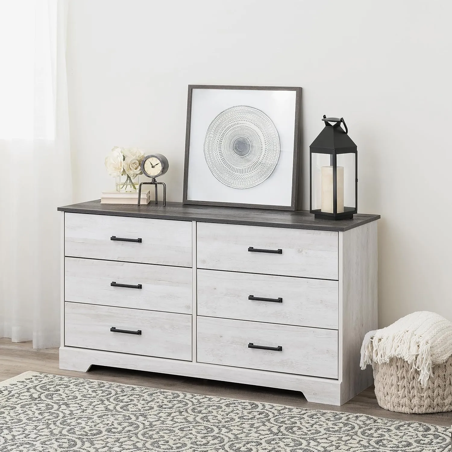 Prepac Rustic Ridge Farmhouse 6-Drawer Double Dresser, Washed White Dresser for Bedroom, Chest of Drawers with 6 Storage Drawers, 53.25” wide x 18.25” deep x 28.5” tall, Washed White