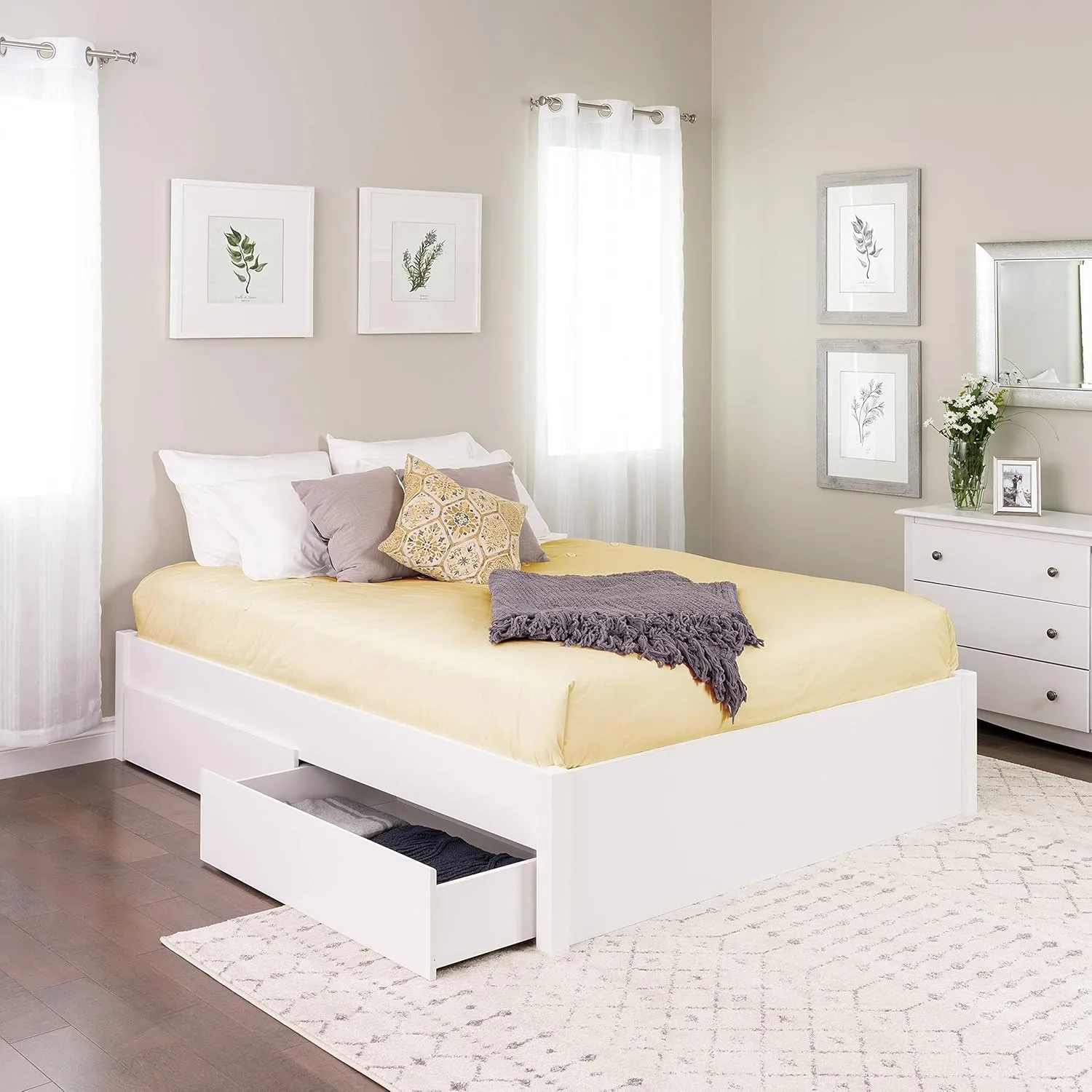 Prepac Select Queen 4-Post Raised Platform 2-Drawer Storage Bed, Modern Queen Storage Bed with Drawers 83" D x 63" W x 16" H, White, WBSQ-1302-3K