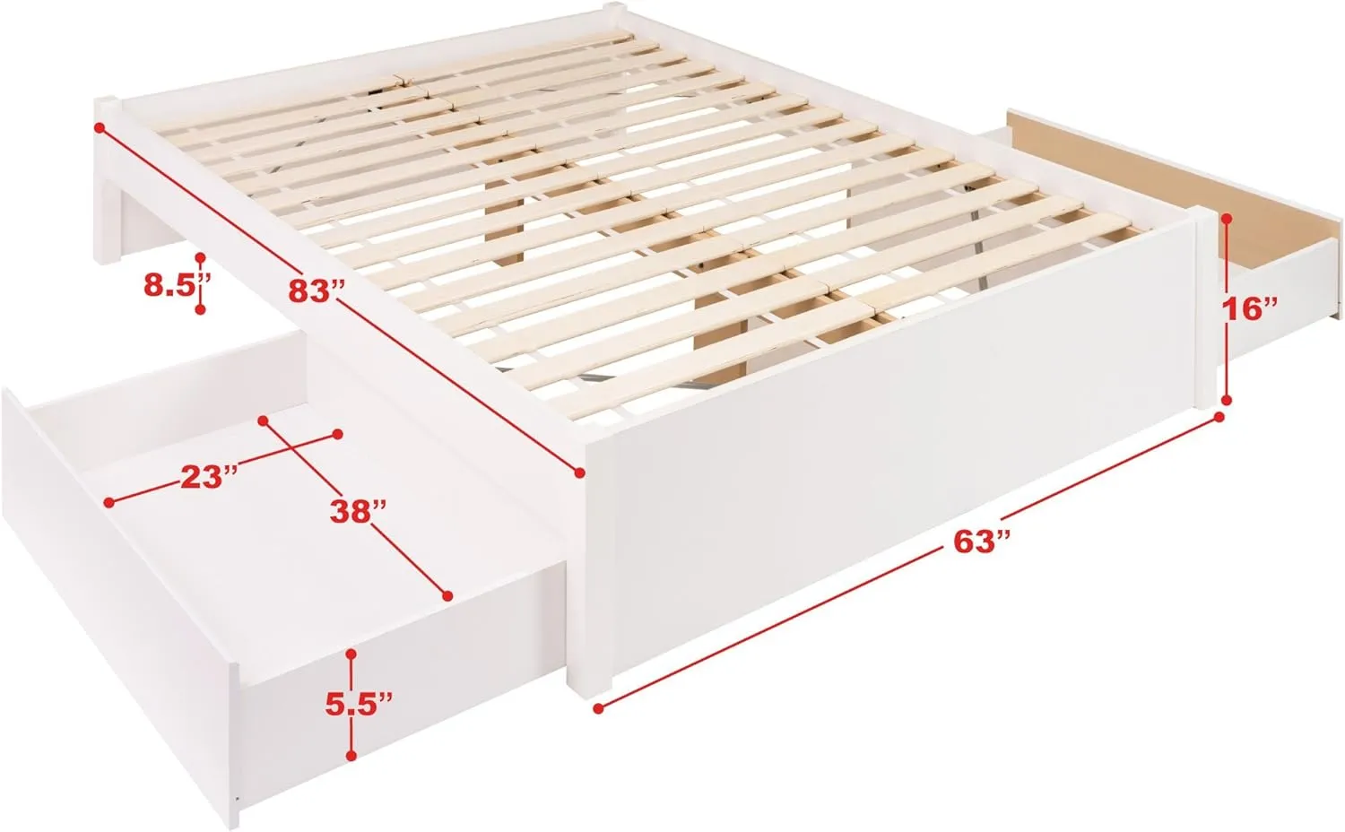 Prepac Select Queen 4-Post Raised Platform 2-Drawer Storage Bed, Modern Queen Storage Bed with Drawers 83" D x 63" W x 16" H, White, WBSQ-1302-3K